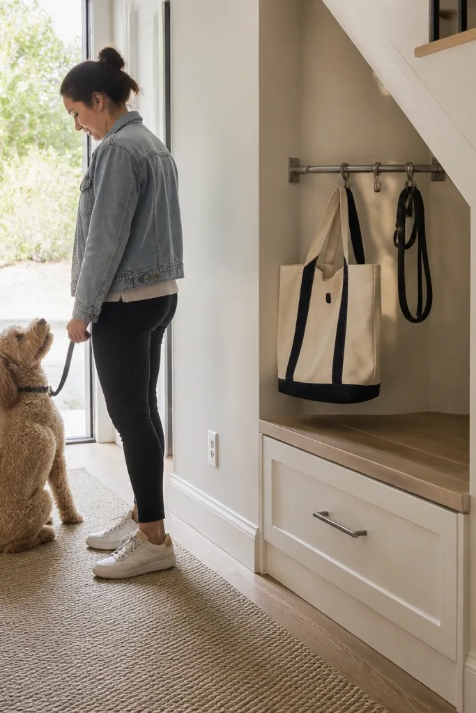 Under-stairs area with hanging hooks and a closed drawer cabinet below