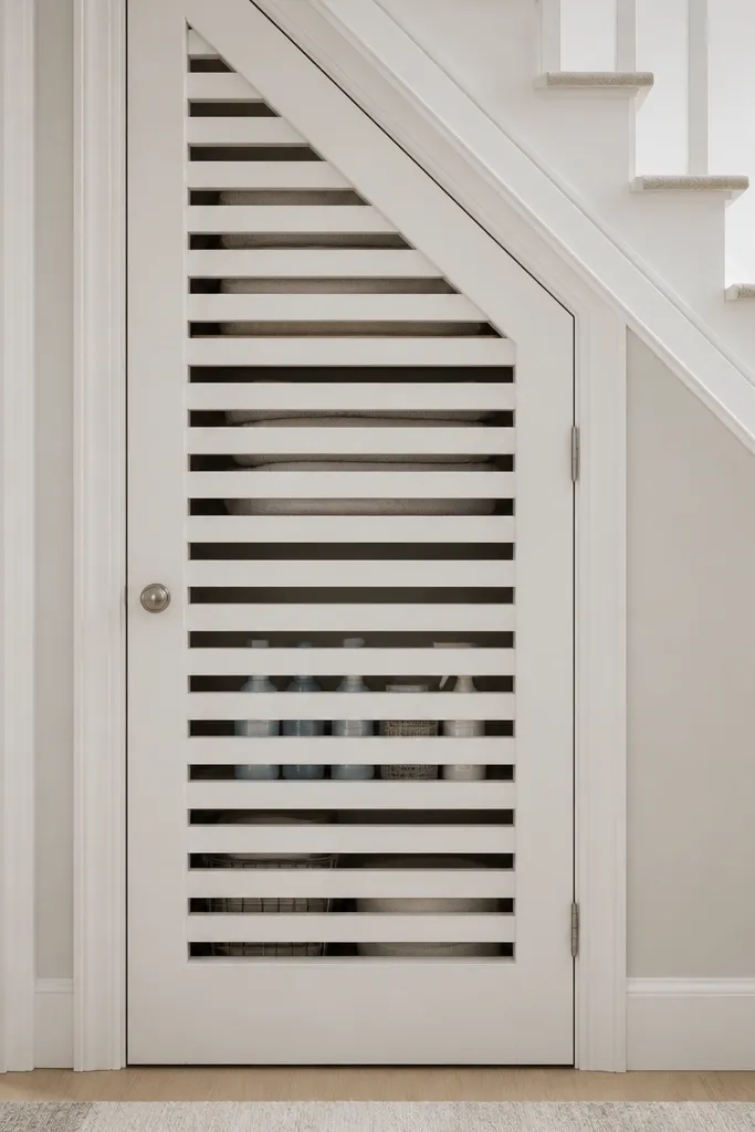 Under-stairs closet with slatted door and labeled baskets inside