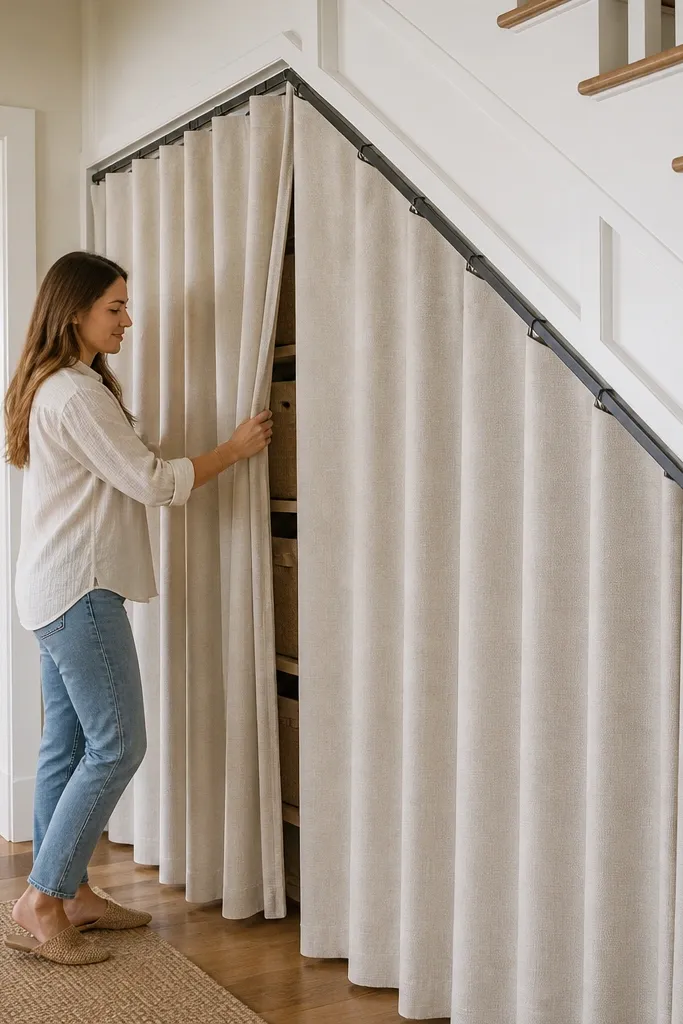 Under-stairs curtain covering shelves on a track rail with a neat painted frame