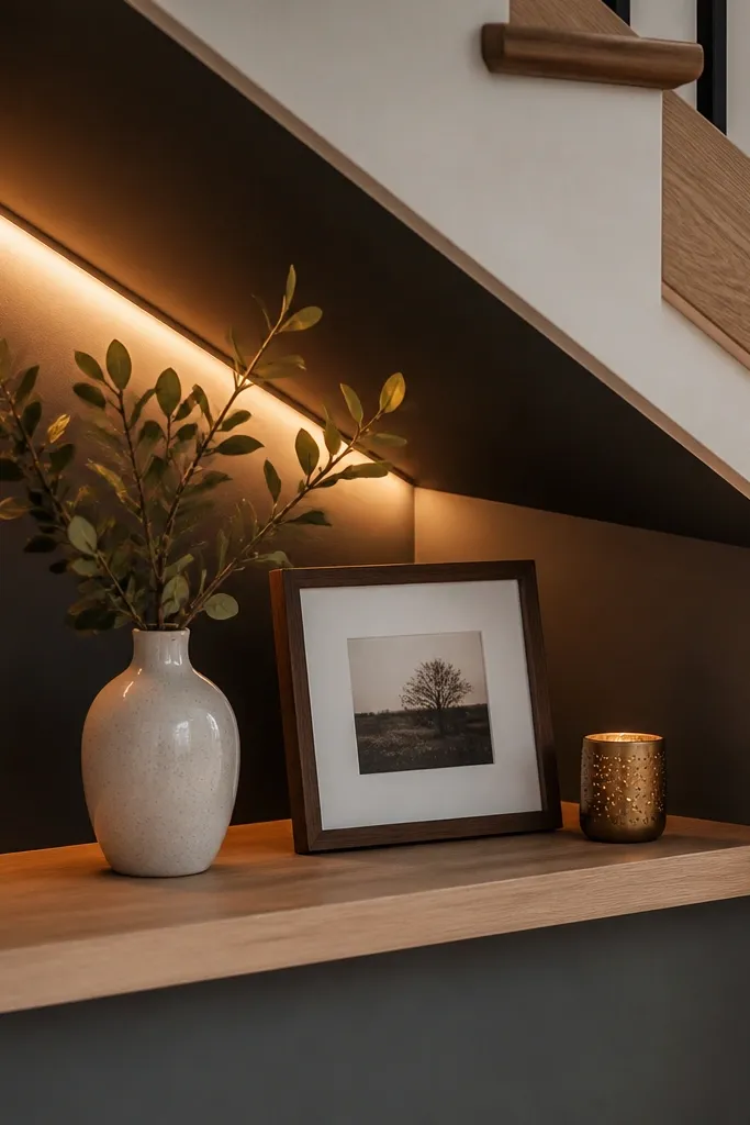 Under-stairs niche with floating shelf and warm backlighting behind decor items