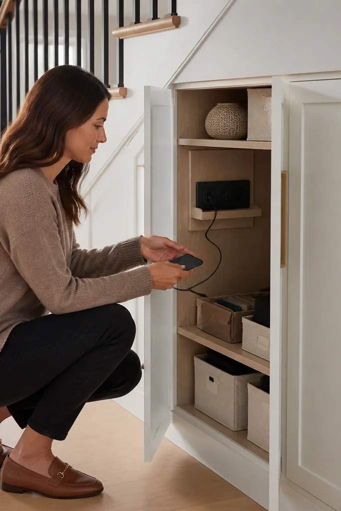 Under-stairs cabinet with a hidden charging panel and cable management inside