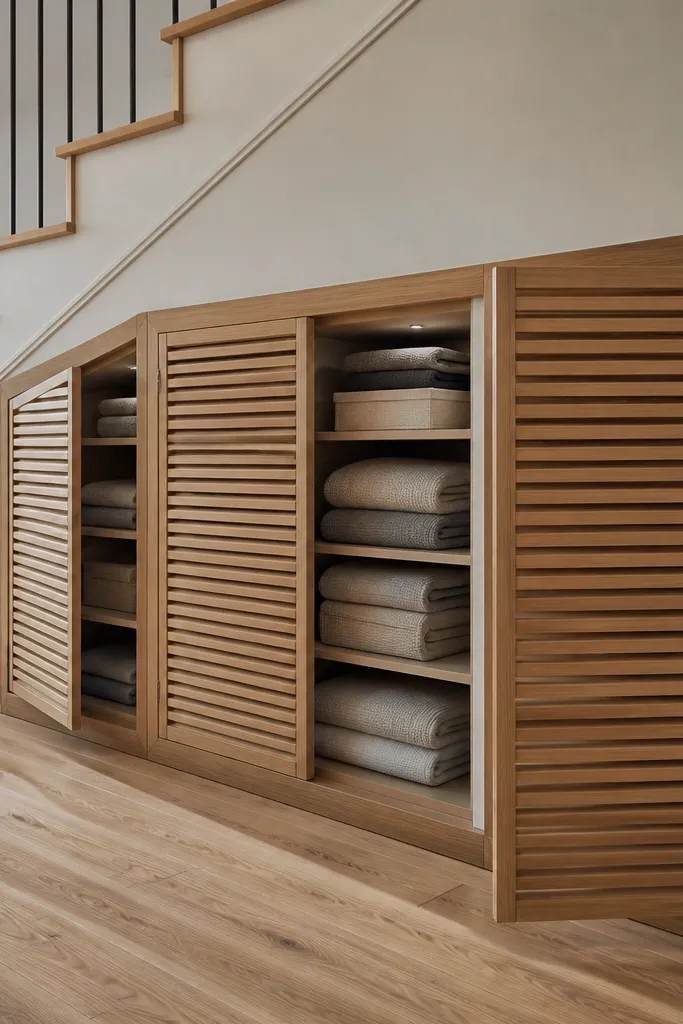 Under-stairs storage with wood slat doors and a neat painted frame