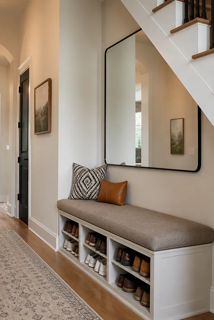 Framed mirror above a shoe bench under stairs with dark hardware