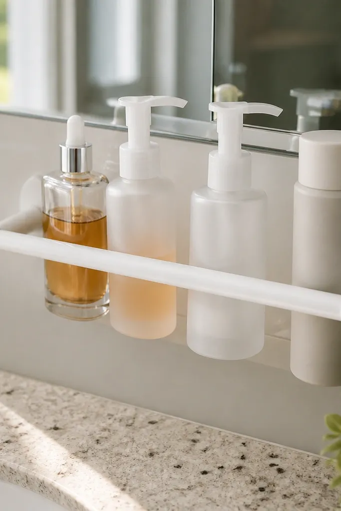 Two-tier caddy on a vanity wall holds skincare bottles and sprays