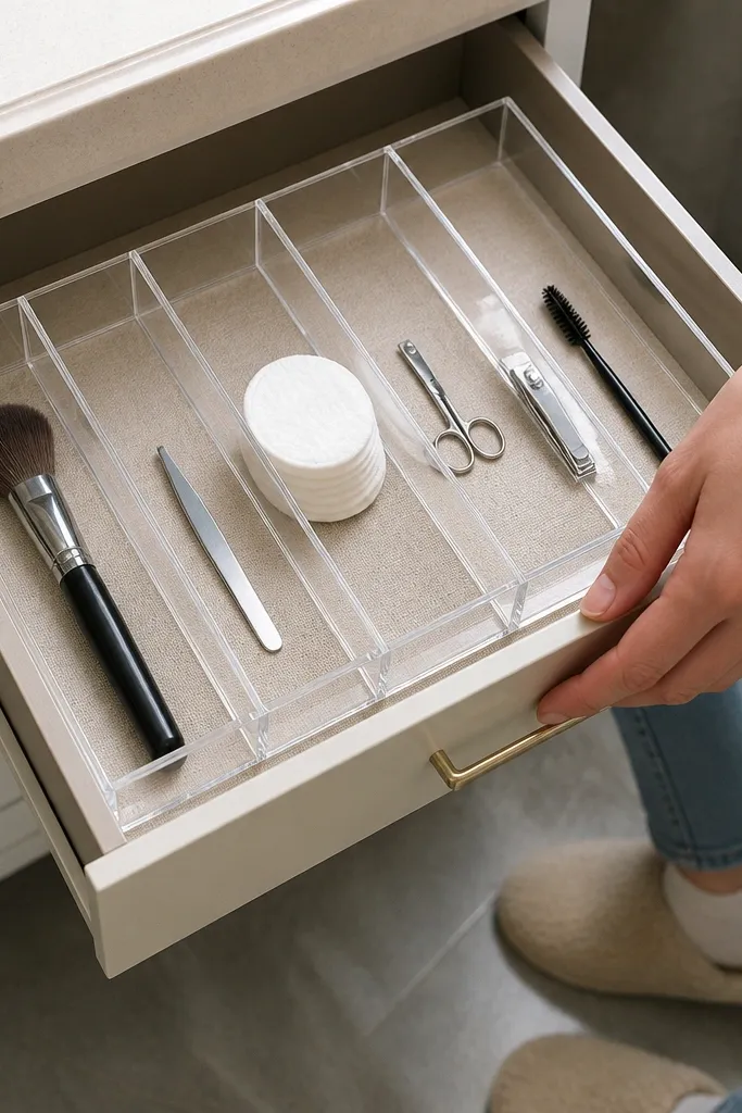 Drawer with clear acrylic dividers creating neat rows for makeup tools