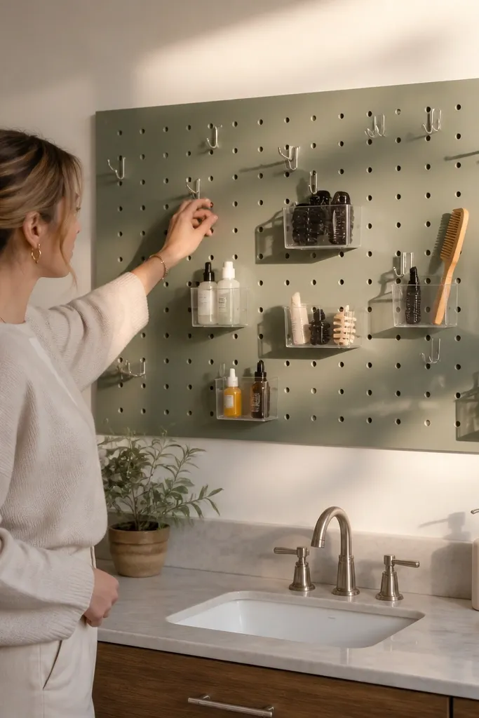 Painted pegboard wall with hooks and small bins holding beauty tools