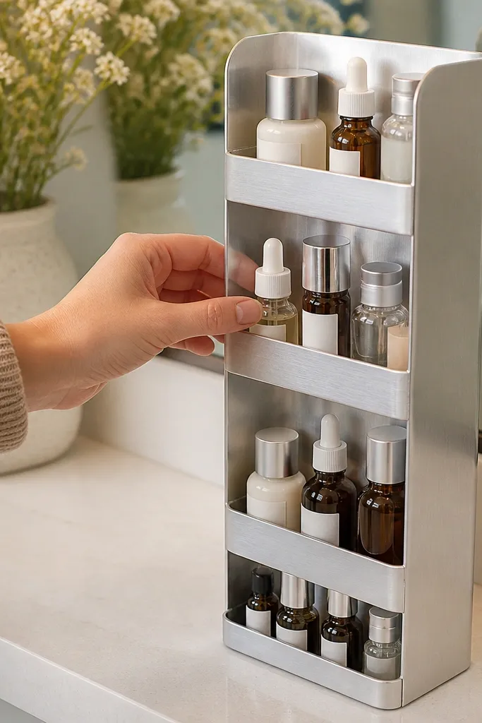 Small vertical rack with labeled compartments for skincare mini bottles