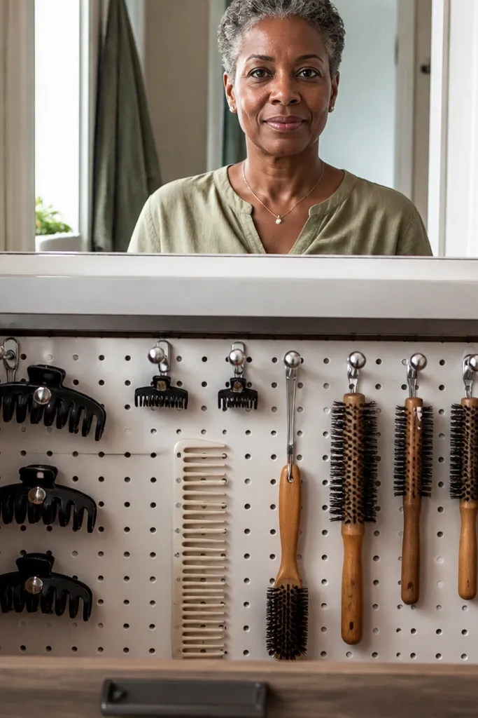 Drawer lined with pegboard holding hair clips and brushes in rows