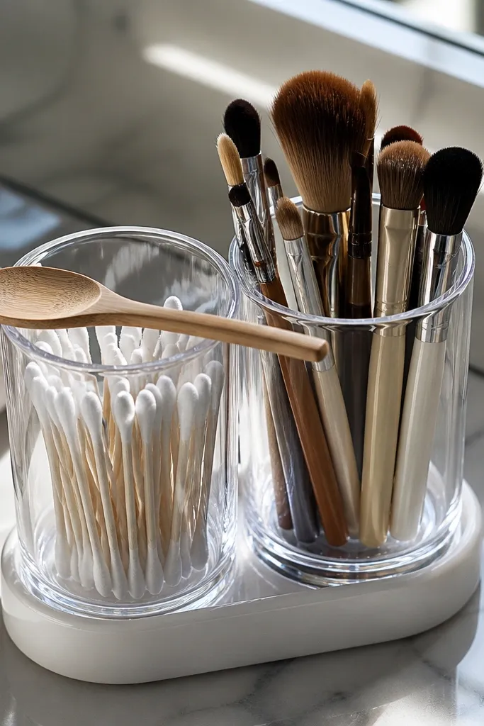 Clear cups on a vanity with bamboo tools and cotton pads grouped neatly