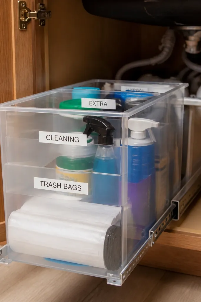 Pull-out bin under sink with labeled bands for cleaning and backup supplies