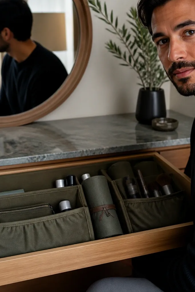 Framed fabric organizer attached inside vanity drawer holding rolled accessories