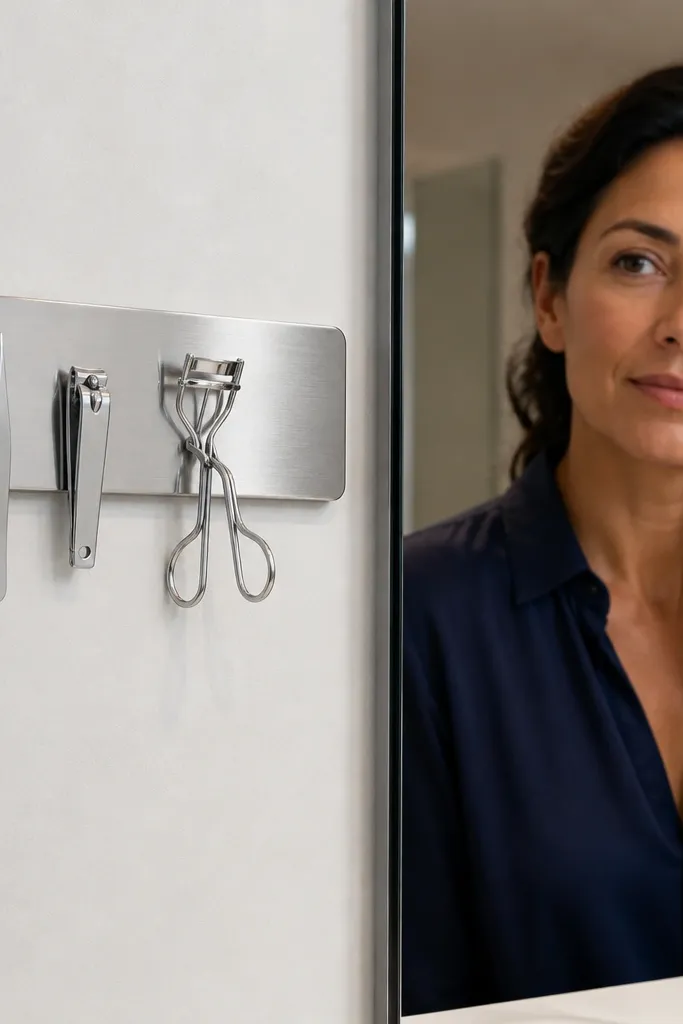 Magnetic strip on vanity wall holding tweezers, clippers, and scissors neatly