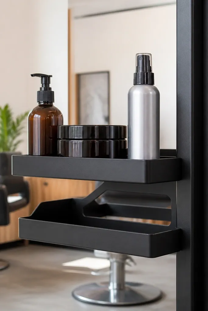 Small two-level shelf mounted near mirror holding hair styling products