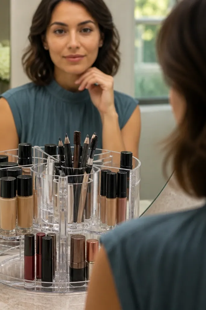 Clear acrylic rotating organizer with separate sections for makeup and skincare