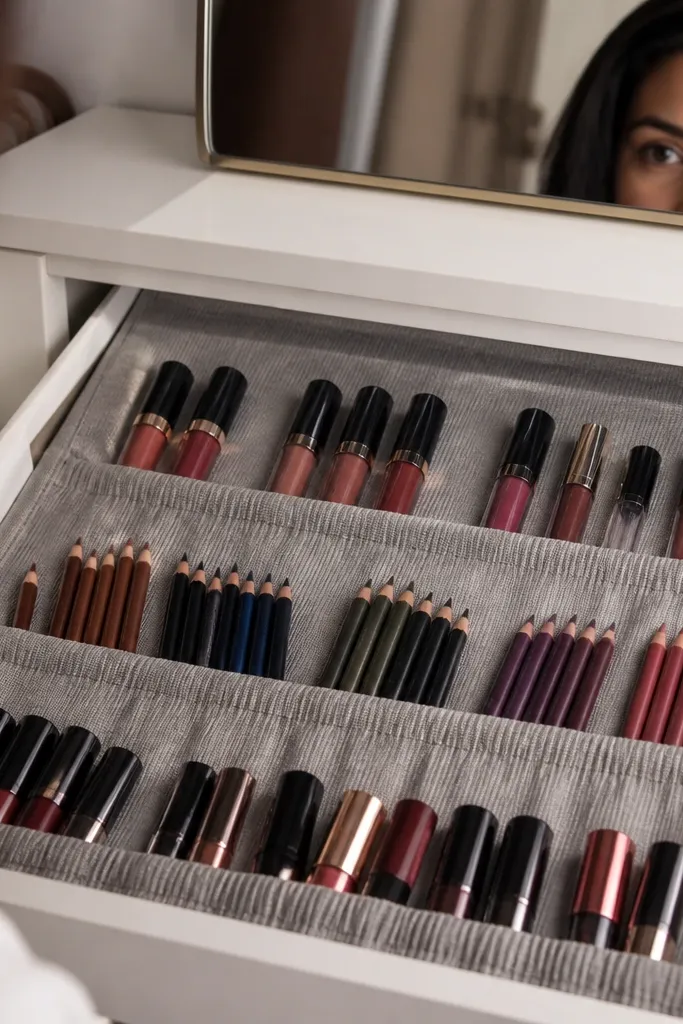 Folded fabric divider in drawer holding lipsticks and pencils in upright rows