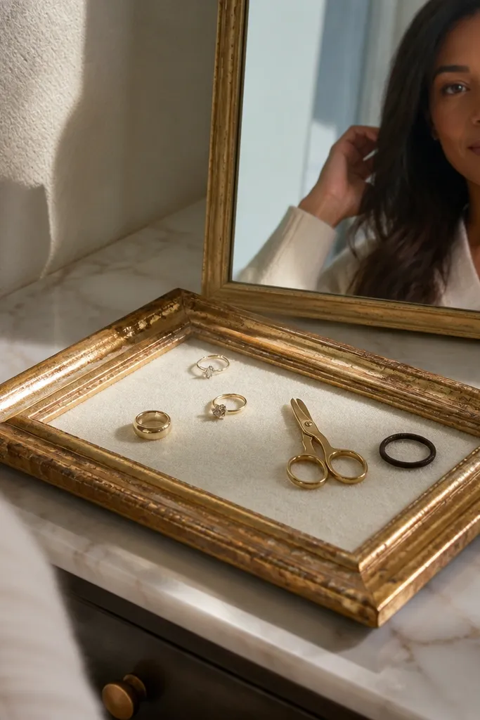 Old picture frame turned into a tray with compartments for rings and earrings