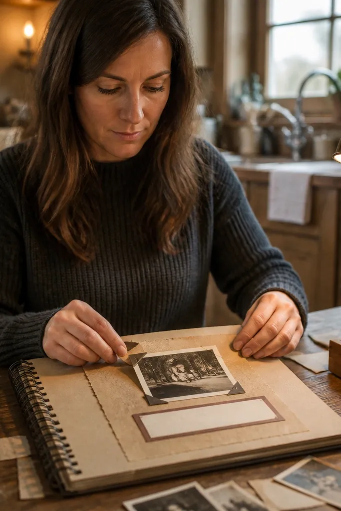 Sepia cards with typewriter-style headings and torn strip edges