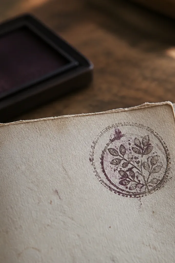 Small ink stamp icons in faded brown with date-like text