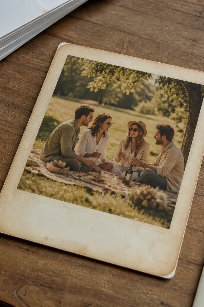Cream polaroid-style frames with faded edges and subtle shadows