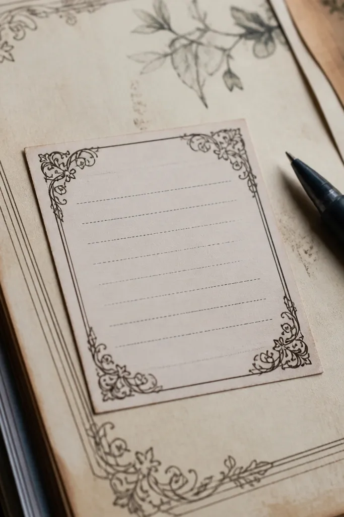 Black-brown corner filigree frame pieces on aged off-white paper