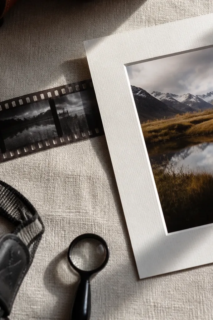 Dark film strip with faint frame numbers and grainy texture