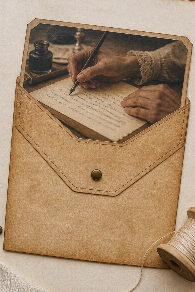 Aged envelope pocket with flap and stitched lines, sized for small inserts