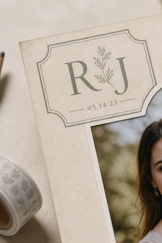 Small monogram corner labels with initials and faint date text