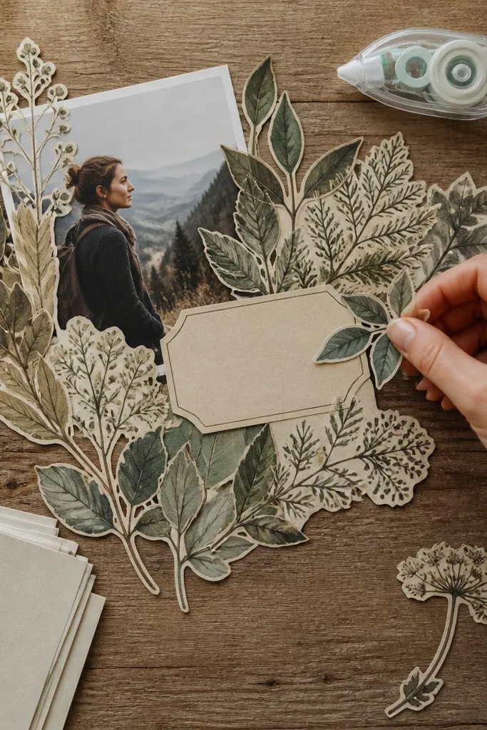 Cut-apart leaf sprigs in muted green with aged paper texture