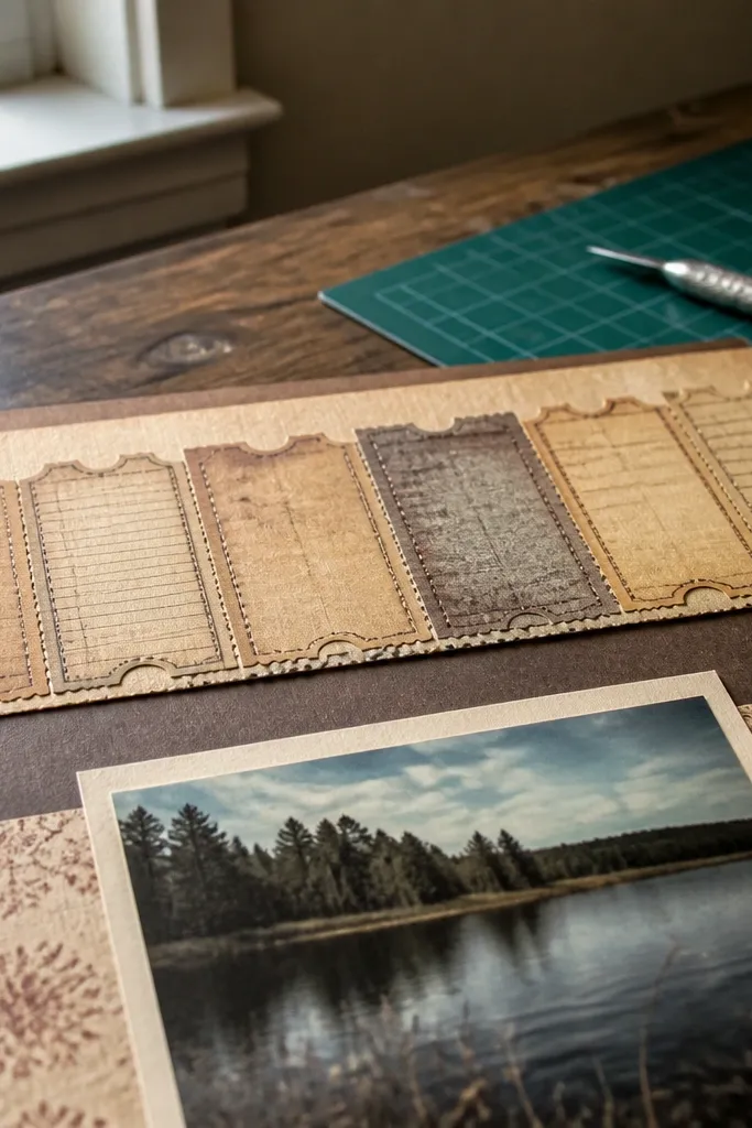 Ticket border with torn tabs and faded text blocks