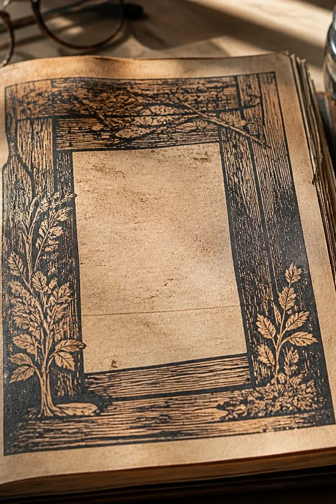 Aged woodcut-style frame panel with scratchy ink texture