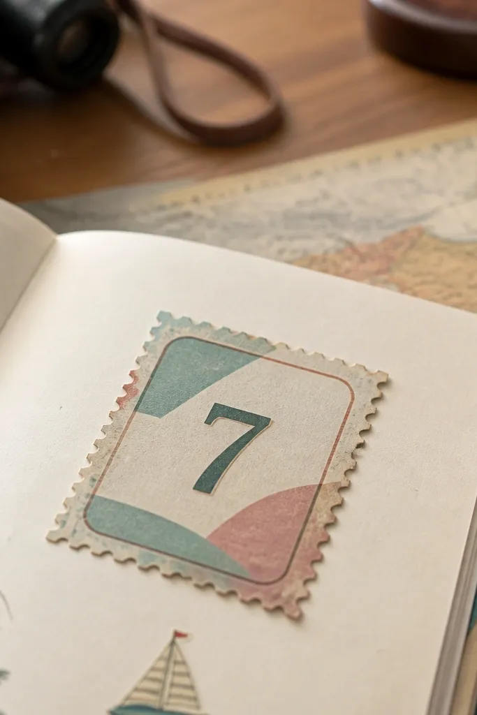 Vintage postage stamp-style sticker with a perforated edge and faded multi-color blocks