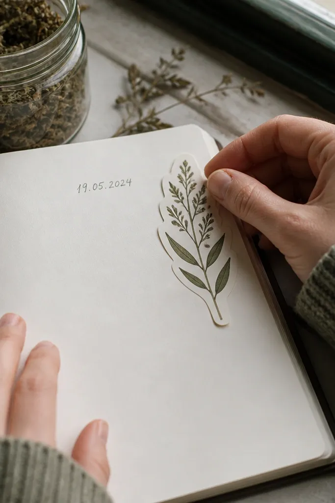 Off-white sticker with a single green sprig and small leaf clusters
