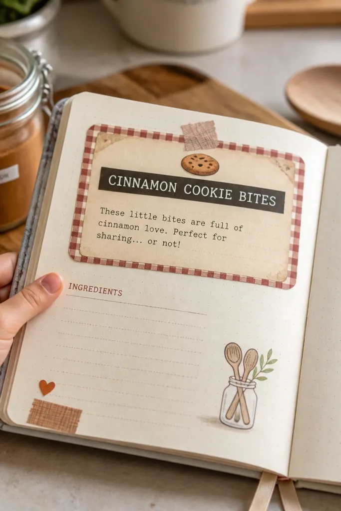 Recipe card sticker with off-white paper and a small title line