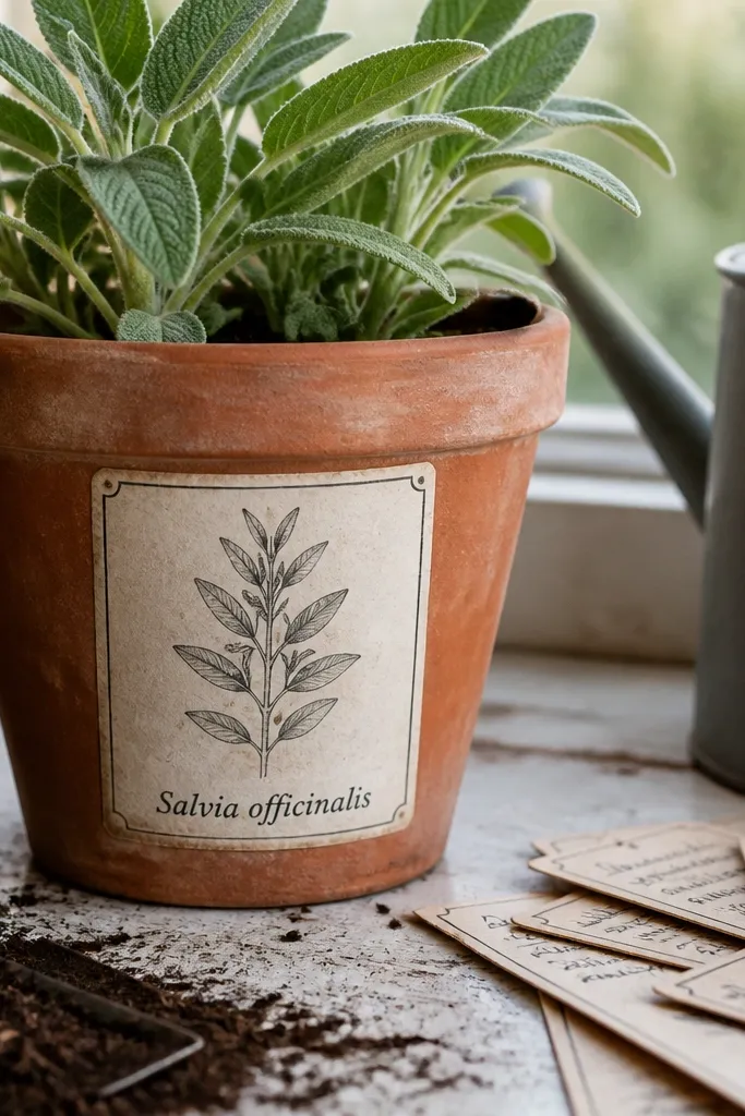Green leaf sticker with a cream nameplate and small italic text