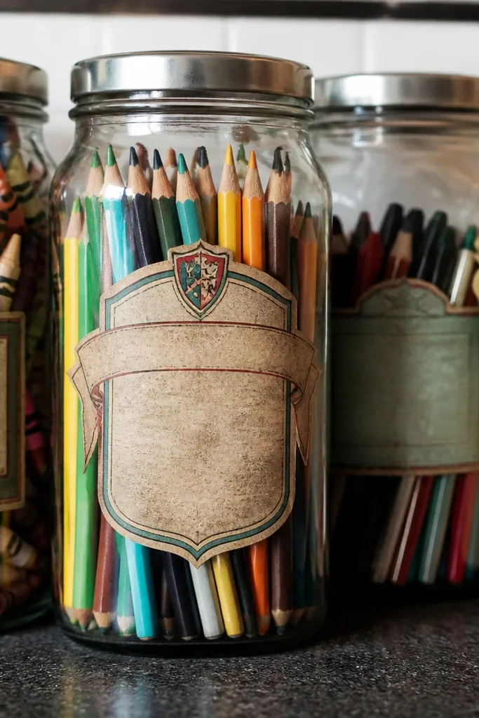 Sticker shaped like a soda bottle label with faded colors and a small banner