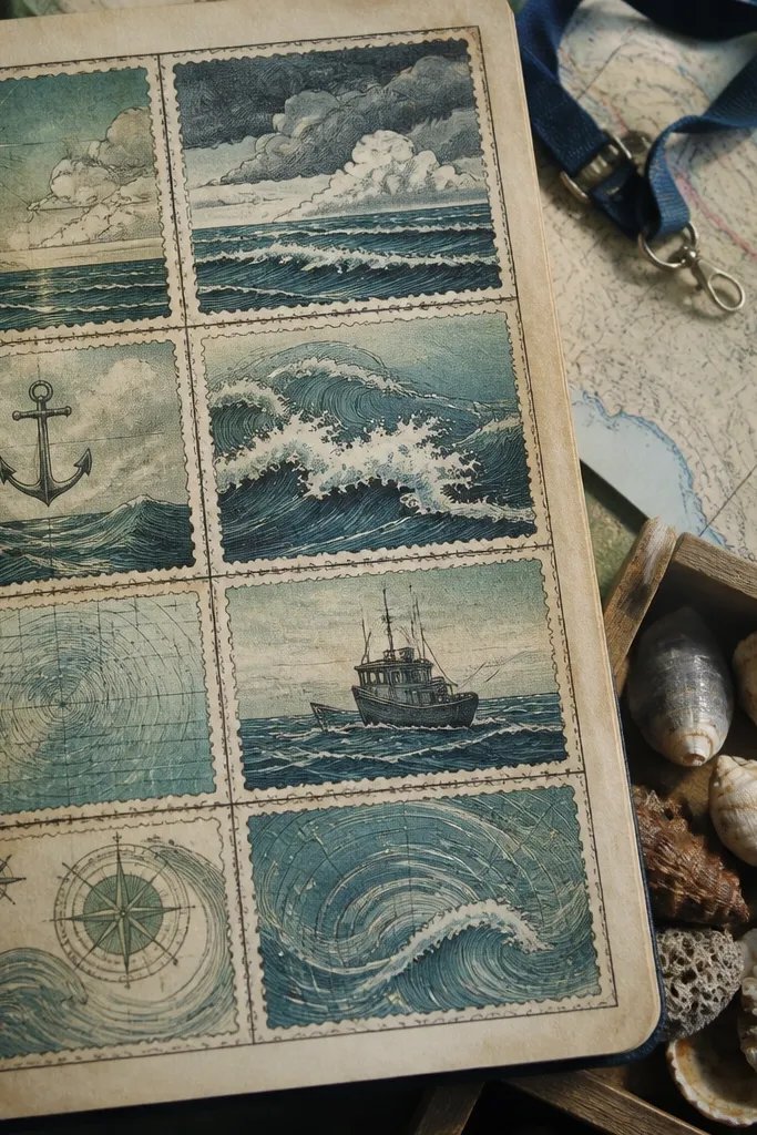 Muted wave and anchor icon sticker with a faded stamp border