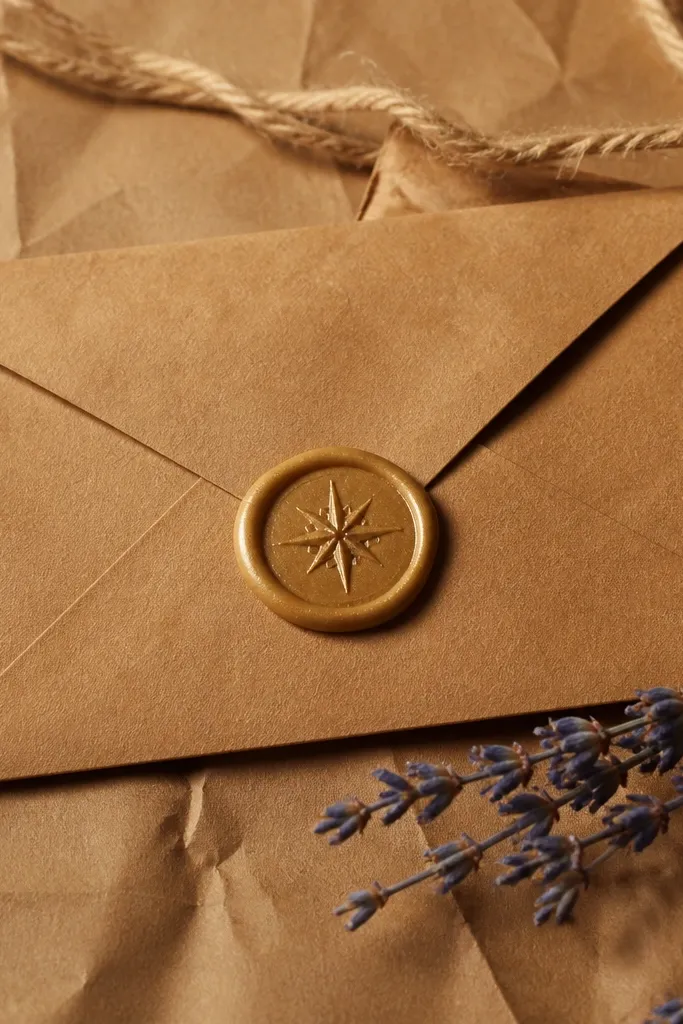 Round envelope seal sticker with a wax-like texture and a simple symbol