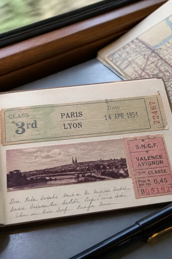 Train ticket sticker strip with a date line and muted ink