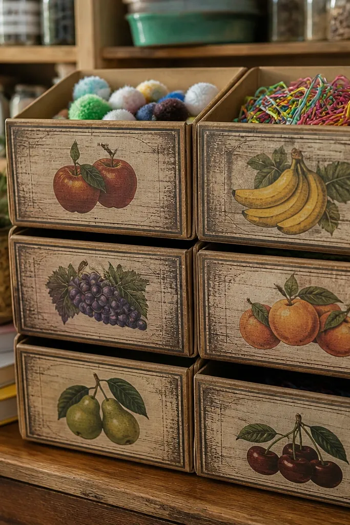 Cream label sticker with muted fruit illustration and a crate-style border