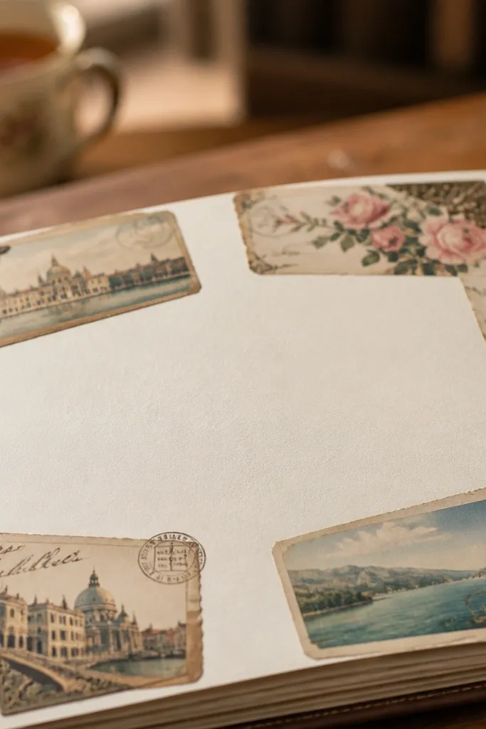 Postcard border sticker with aged edges and small corner flourishes