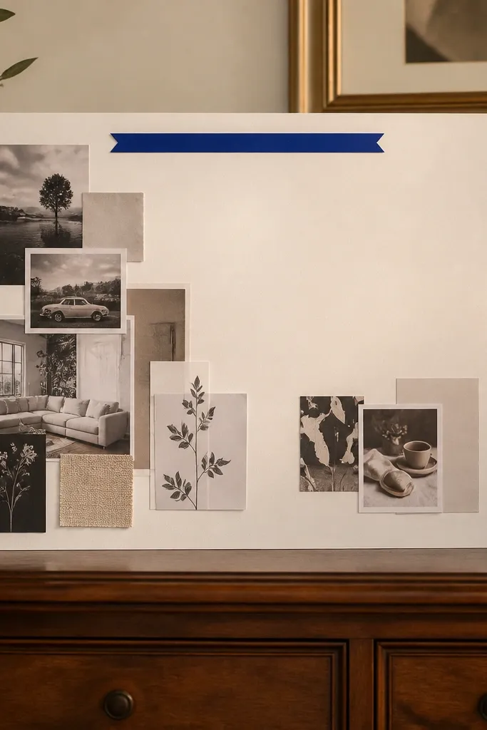 Cream paper collage with mostly muted photos and one bold accent color banner