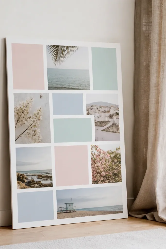 Matte white background with pastel rectangles and light gray spacing lines