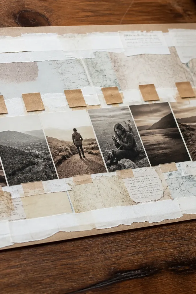 Magazine cutout timeline with date-like labels in a horizontal strip
