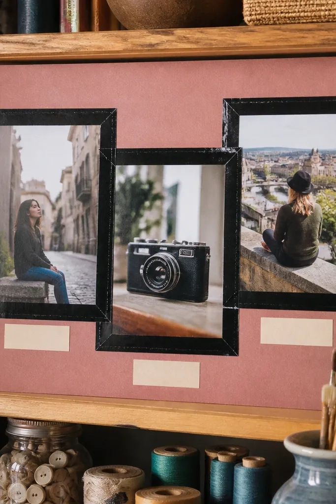 Color paper background with black tape frames around layered photos