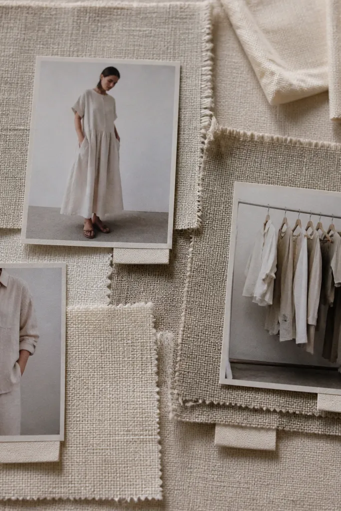 Linen-like fabric swatch background with photos layered on top and fabric labels