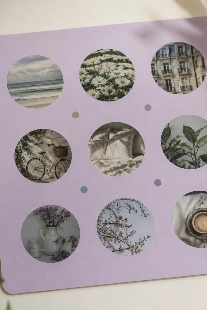 Pastel background with circular cutouts and small dot labels