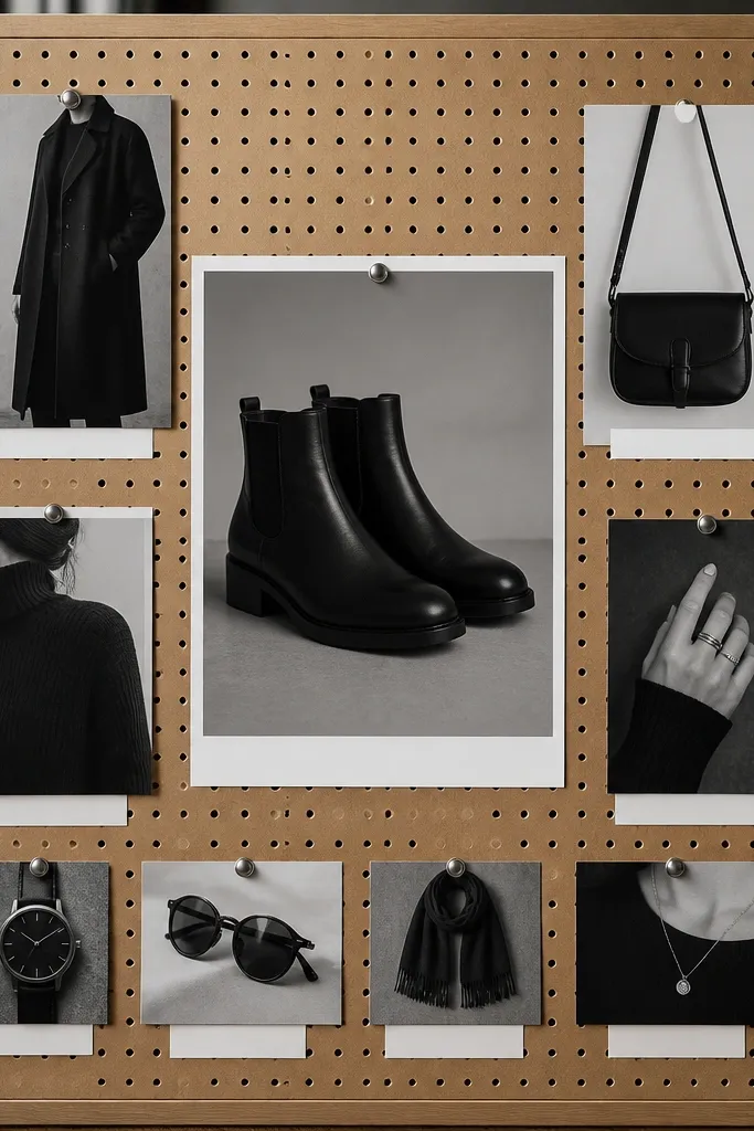 Monochrome outfit images arranged with shoes centered and short outfit labels