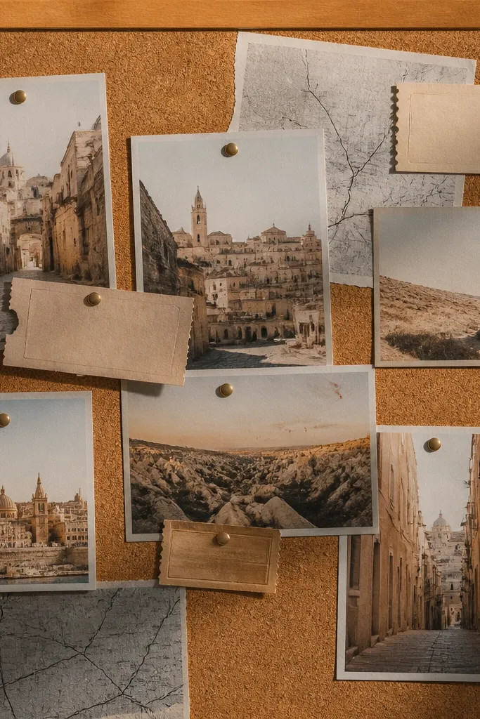 Collage of ticket stubs and small map segments with muted travel photos