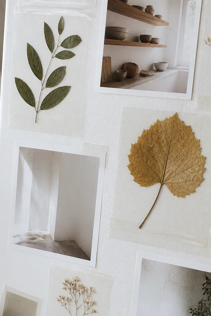 Pressed leaf textures with clear tape borders around photos and labels