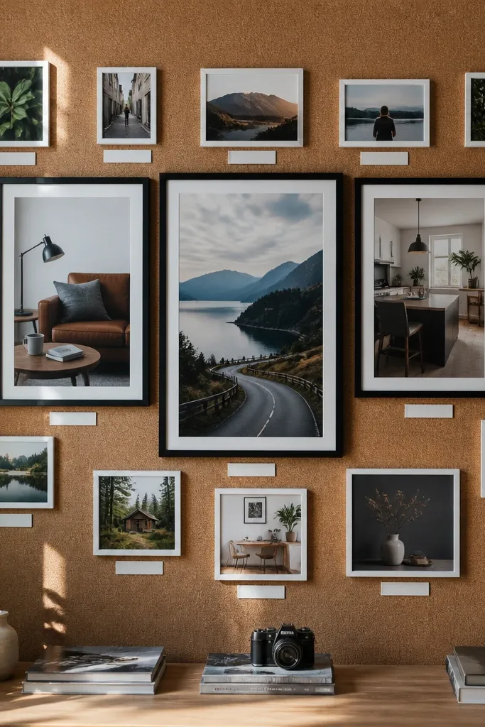 Gallery wall style collage with three frames and tiny caption labels